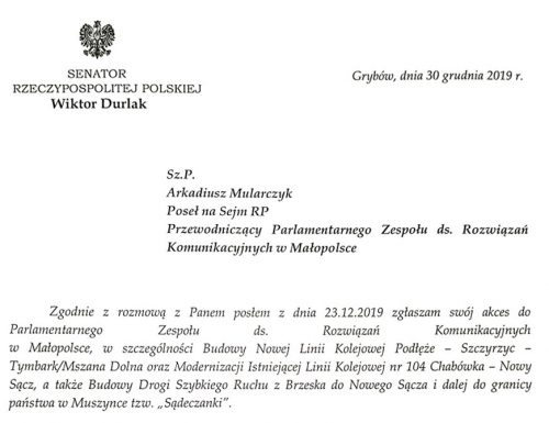 Senator RP Wiktor Durlak dołącza do <br> Parlamentarnego Zespołu ds. Rozwiązań Komunikacyjnych w Małopolsce