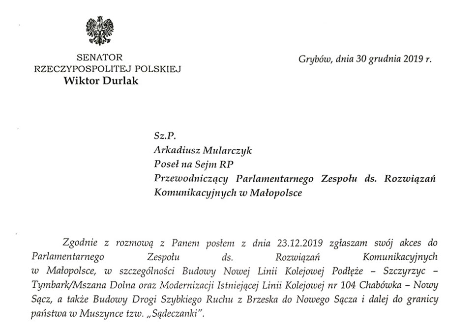 Senator RP Wiktor Durlak dołącza do <br> Parlamentarnego Zespołu ds. Rozwiązań Komunikacyjnych w Małopolsce