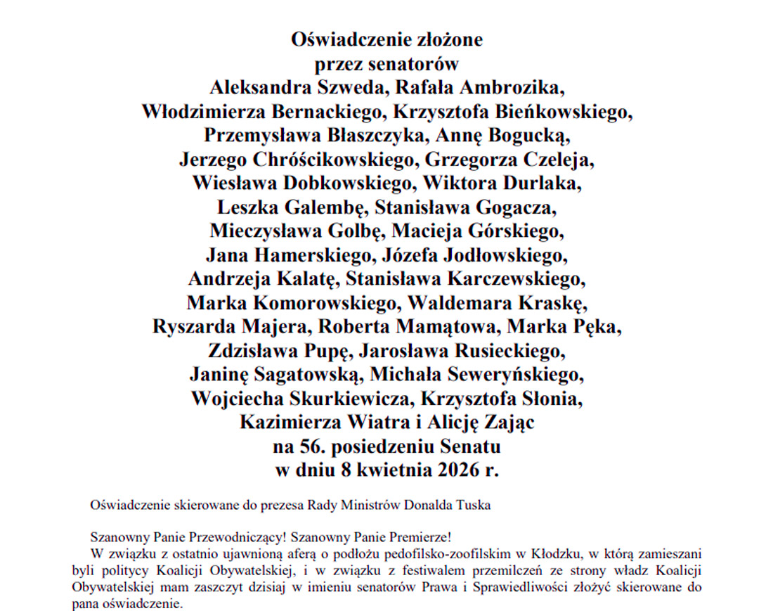 Oświadczenie złożone przez Senatora RP Wiktora Durlaka na 56. posiedzeniu Senatu ws. afery pedofilsko-zoofilskiej w Kłodzku