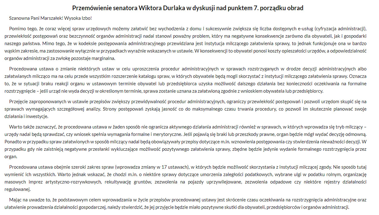 Posiedzenie 60: Przemówienie senatora Wiktora Durlaka w dyskusji nad punktem 7. porządku obrad